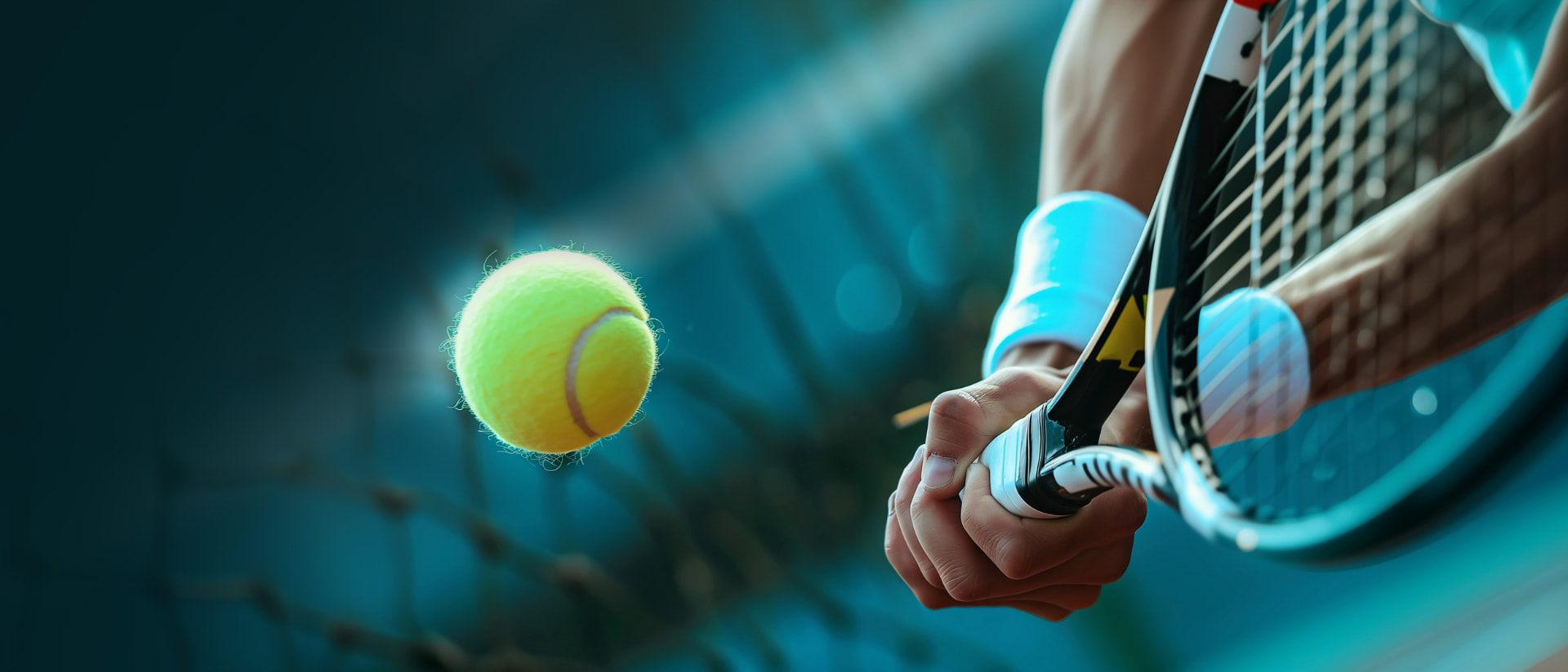 Tennisball im Flug, Spieler mit Schläger auf dem Platz
